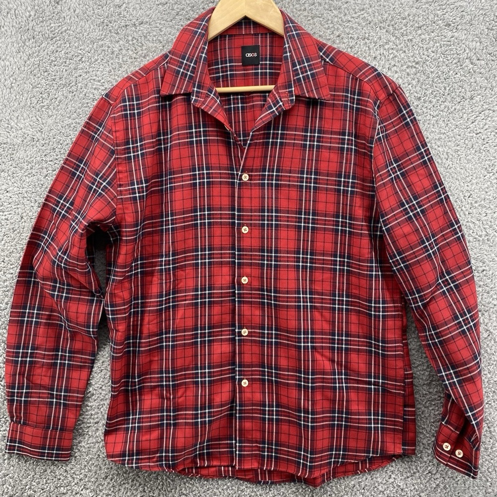 ASOS Womens M Flannel‎ Button Down Shirt Red Plaid Checker Long Sleeve Casual